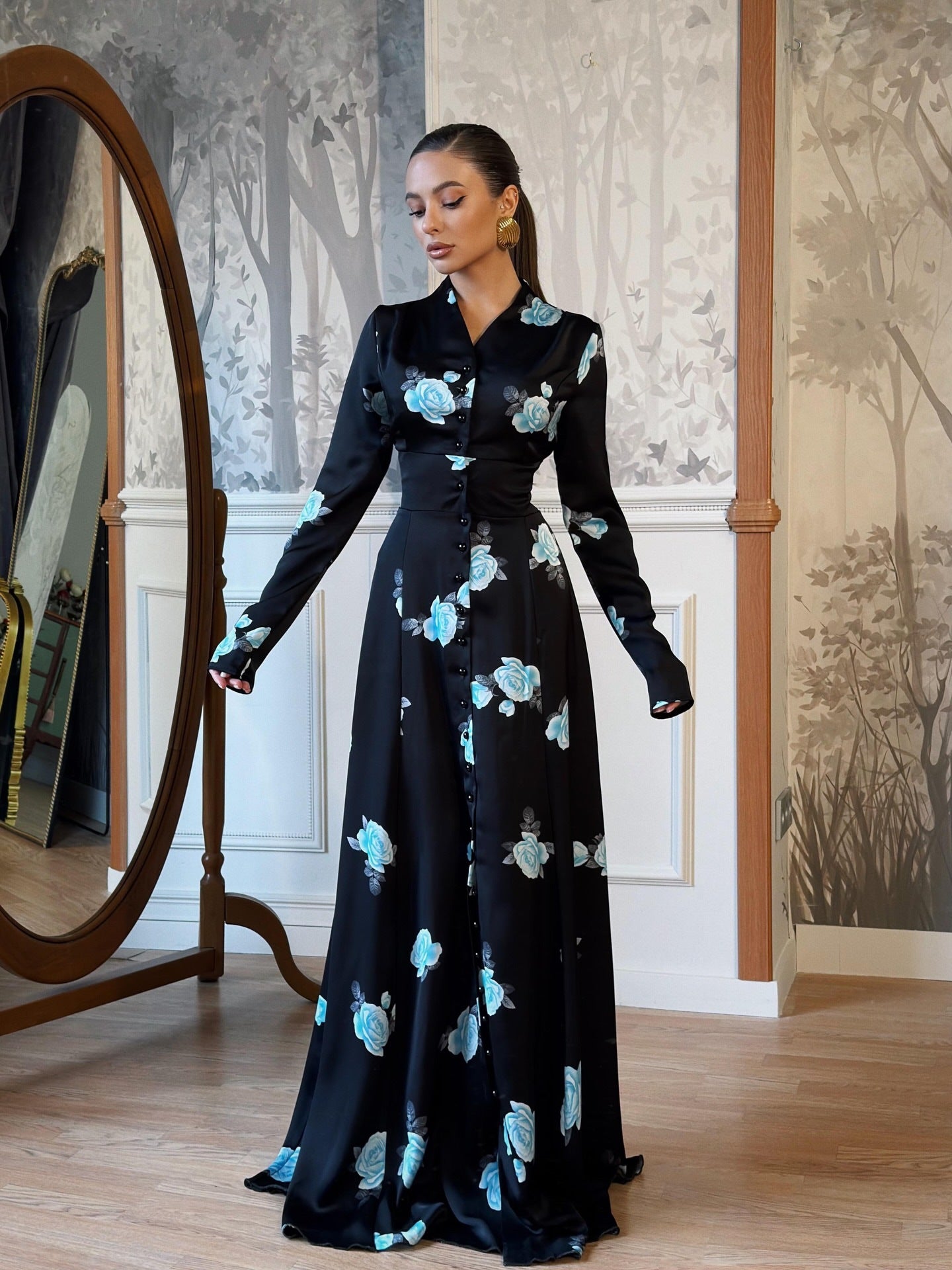 Geblümtes Maxikleid mit Knopfleiste (MS489)
