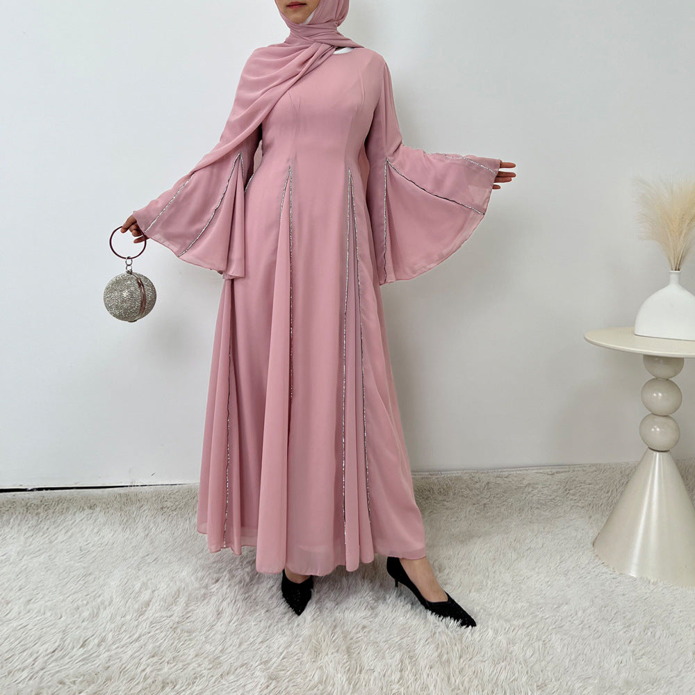 Elegant Chiffon Abaya Set with Hijab | Round Neck Bell Sleeve Maxi Dress with Rhinestone Trim(MA325)