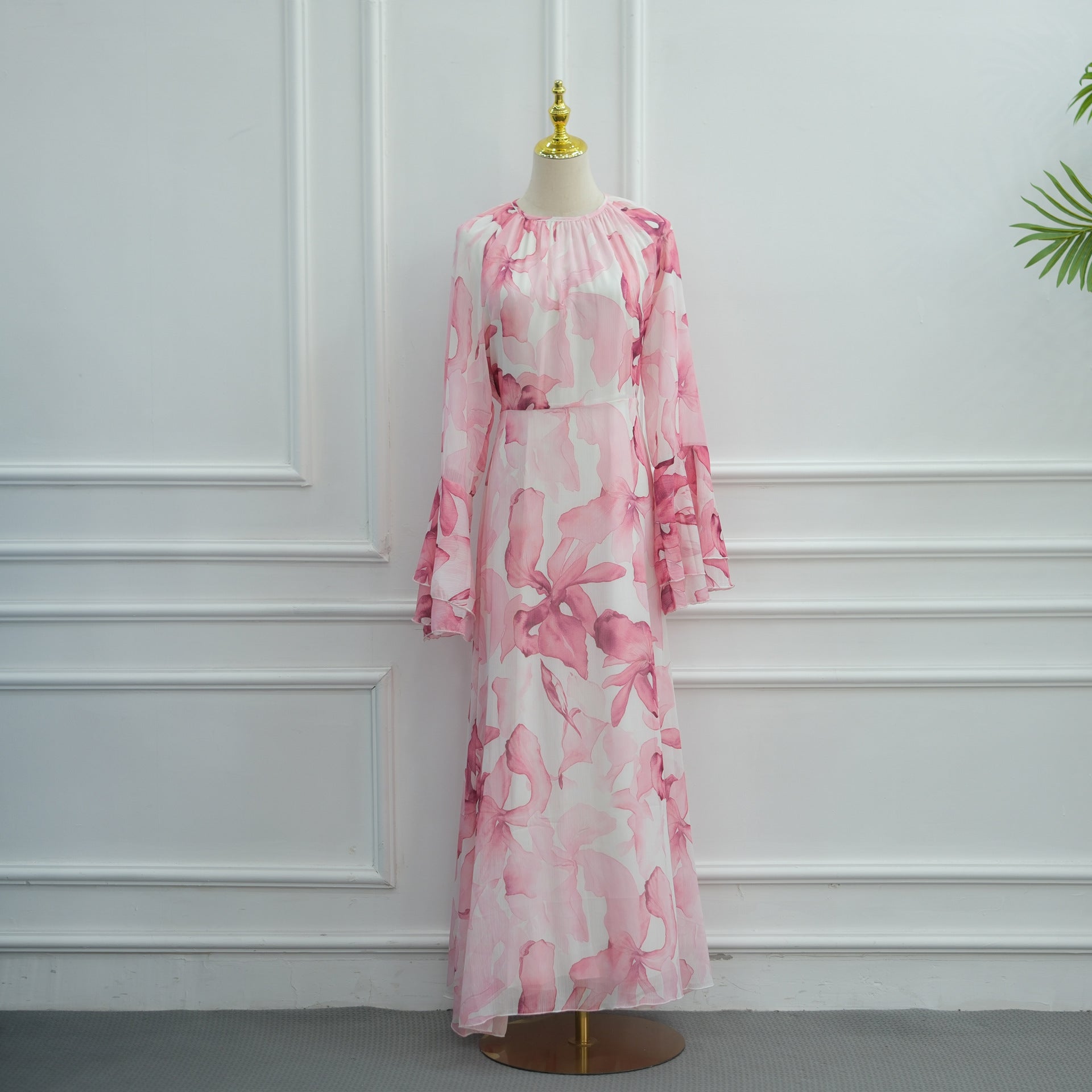Watercolour Print Double-Layer Flared-Sleeve Maxi Dress(MA479)