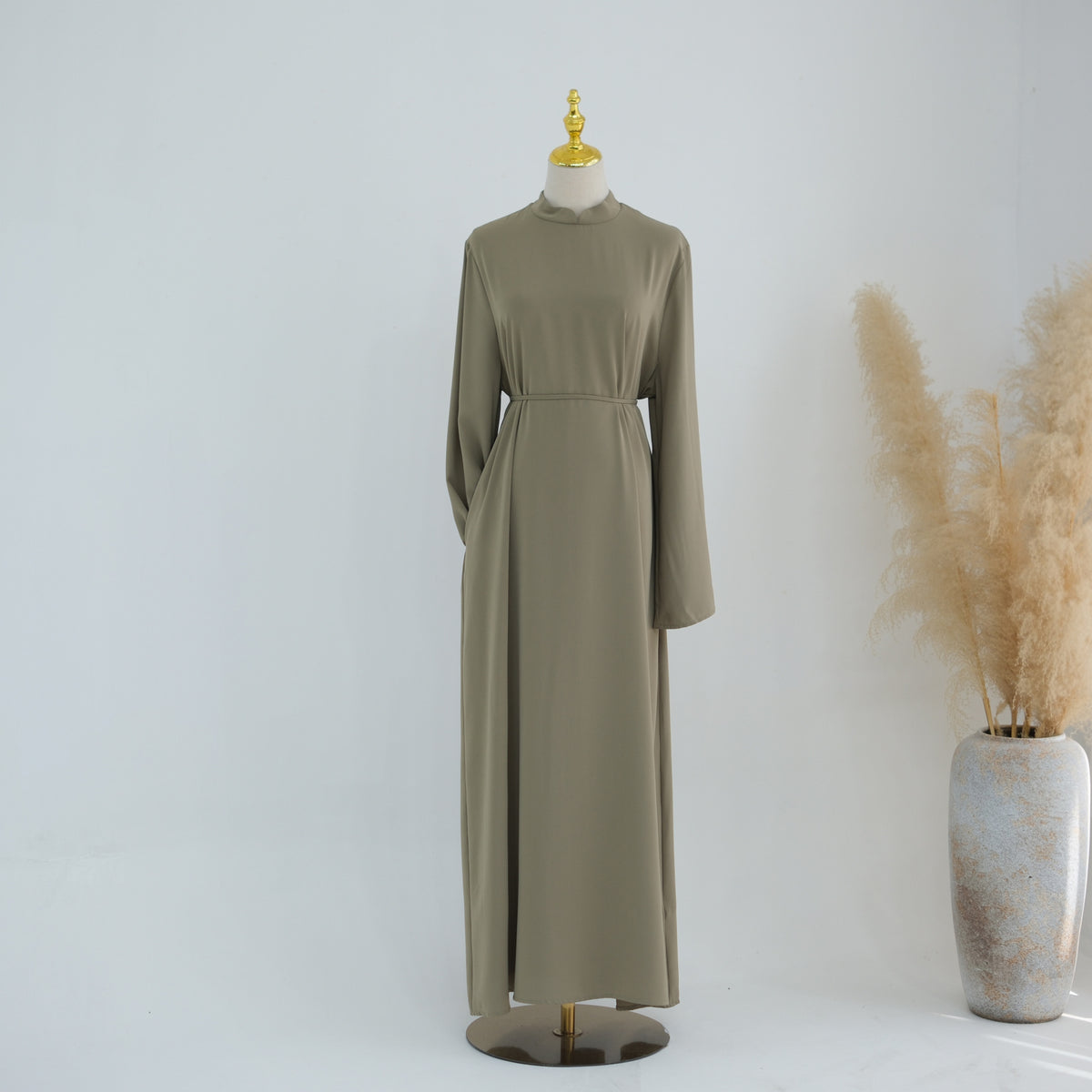 Stand-Collar Nida Maxi Dress | Long-Sleeve Belted Modest Dress(MA475)