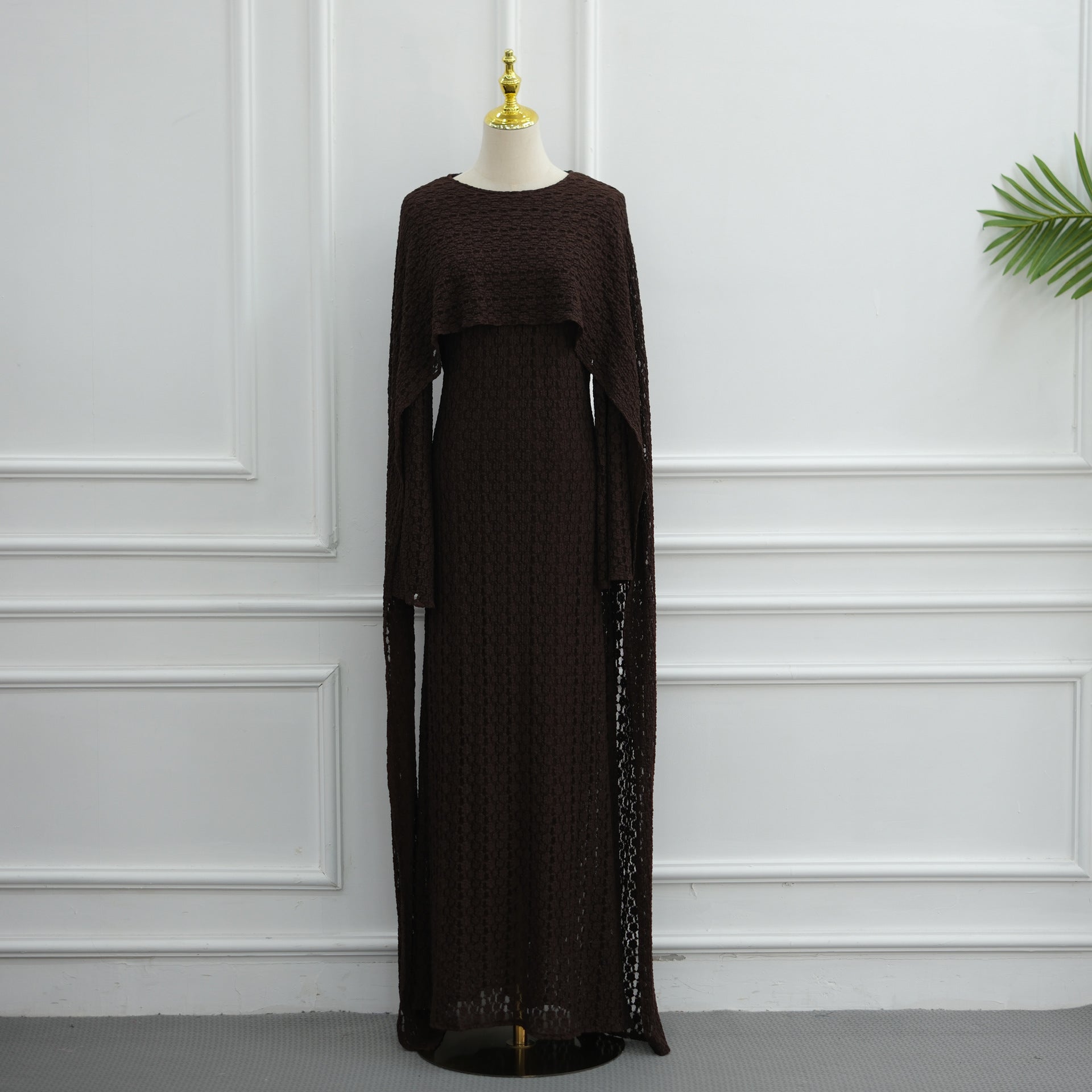 Textured Floral Lace Cape-Sleeve Lined Maxi Dress(MS519)