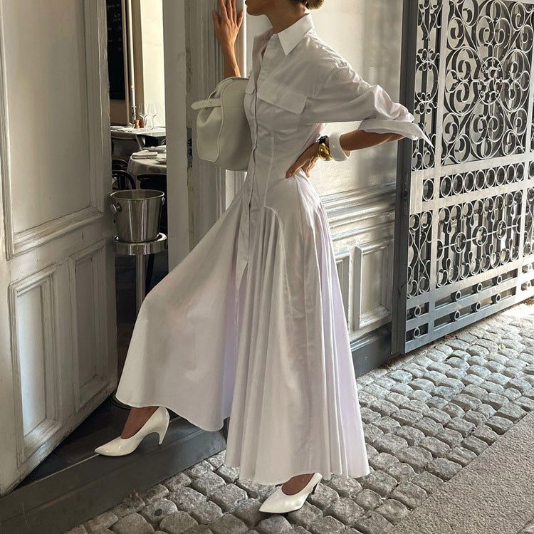Pleated White Shirt Maxi Dress(MS548)
