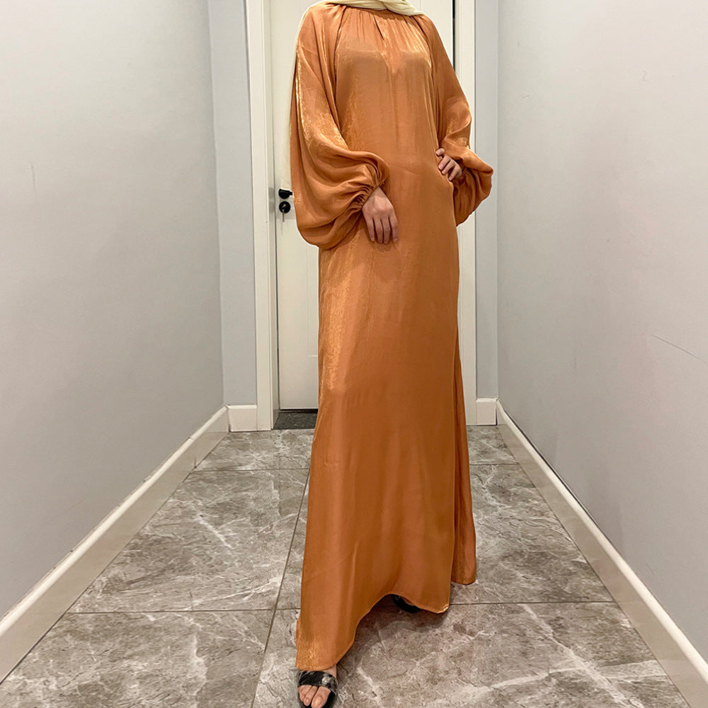 Luxurious Shimmer Abaya with Lantern Sleeves | Stand Collar Back Tie Maxi Dress(MA324)