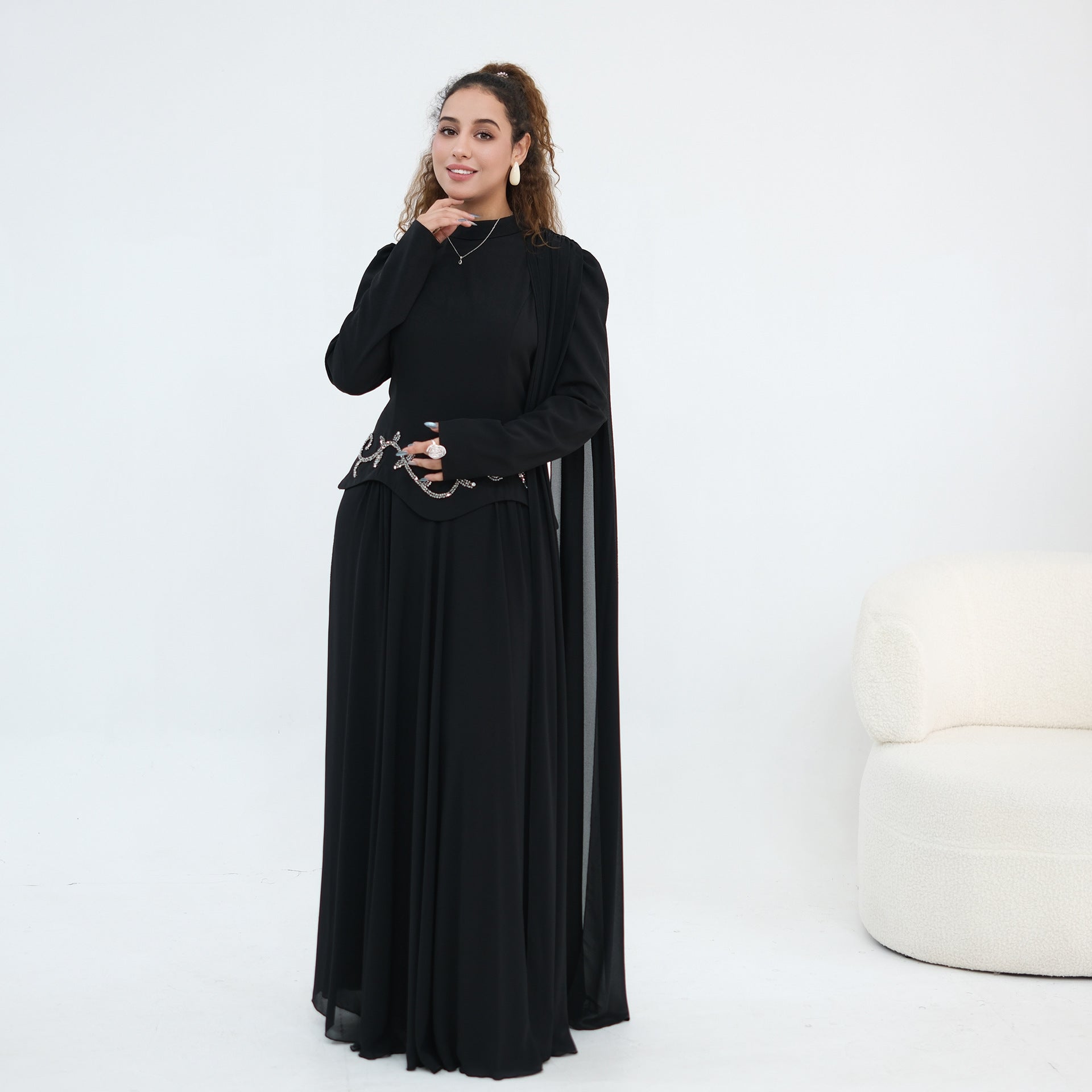 Crystal Beaded Waist Cape Sleeve Maxi Dress(MS499)