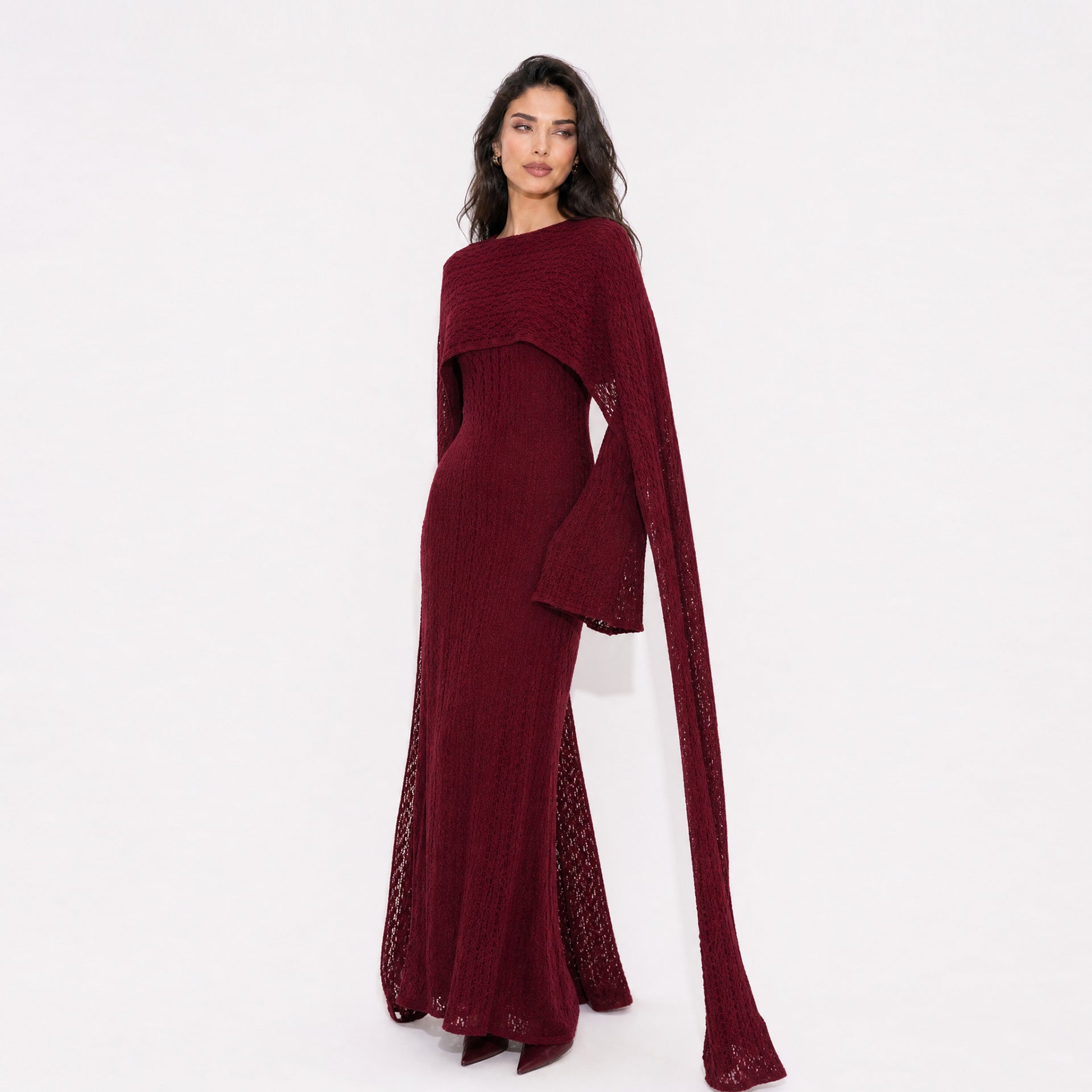 Textured Floral Lace Cape-Sleeve Lined Maxi Dress(MS519)