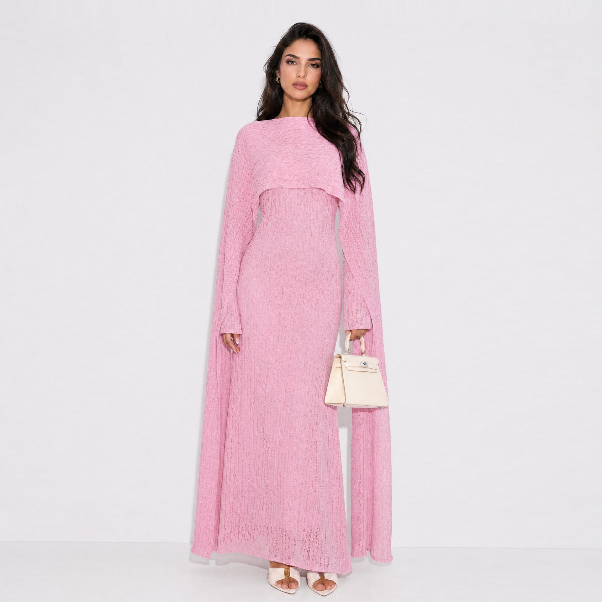 Textured Floral Lace Cape-Sleeve Lined Maxi Dress(MS519)