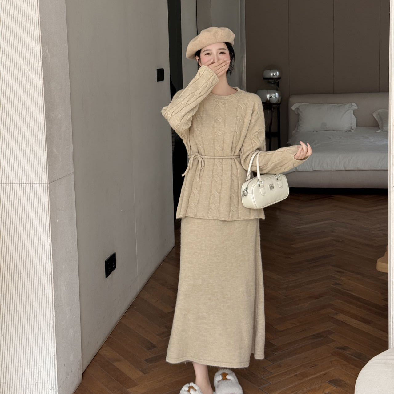 Autumn Winter Cable Knit Two-Piece Set | Round Neck Tie-Waist Sweater & Loose Skirt(MS133)