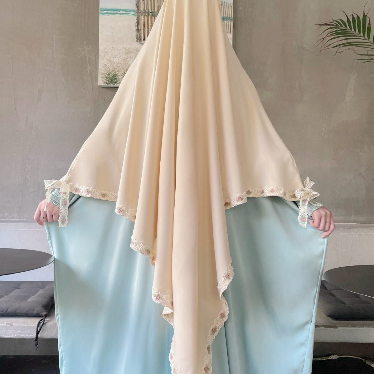 Embroidered Lace-Trimmed Prayer Khimar(MK030)