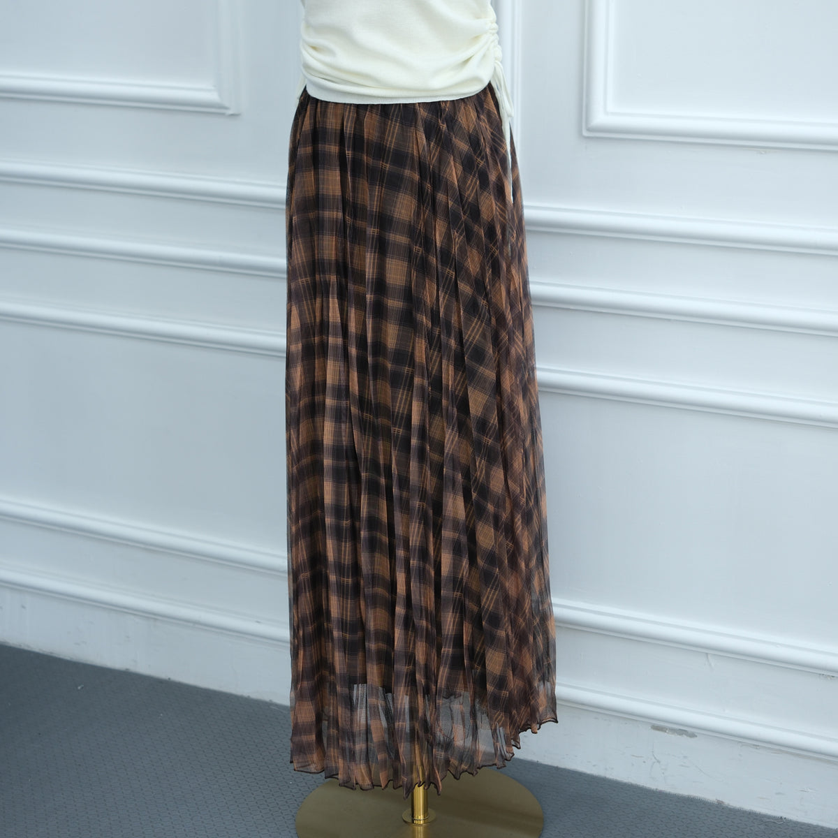 Vintage Plaid Mesh Pleated Maxi Skirt(MS597)