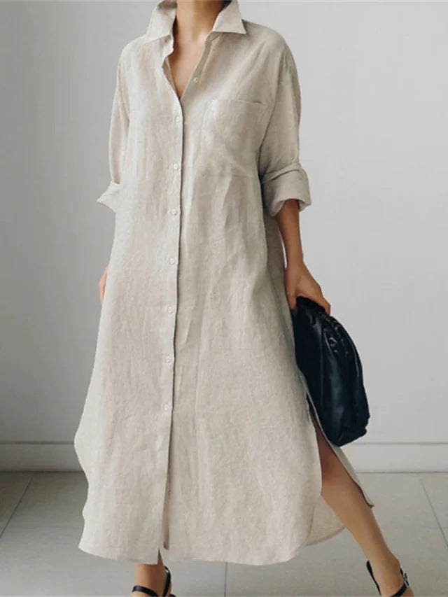 Muslim Casual Elegance Linen-Blend Shirt Dress | Modest Maxi with Button Front & Side Slits. (MS096)