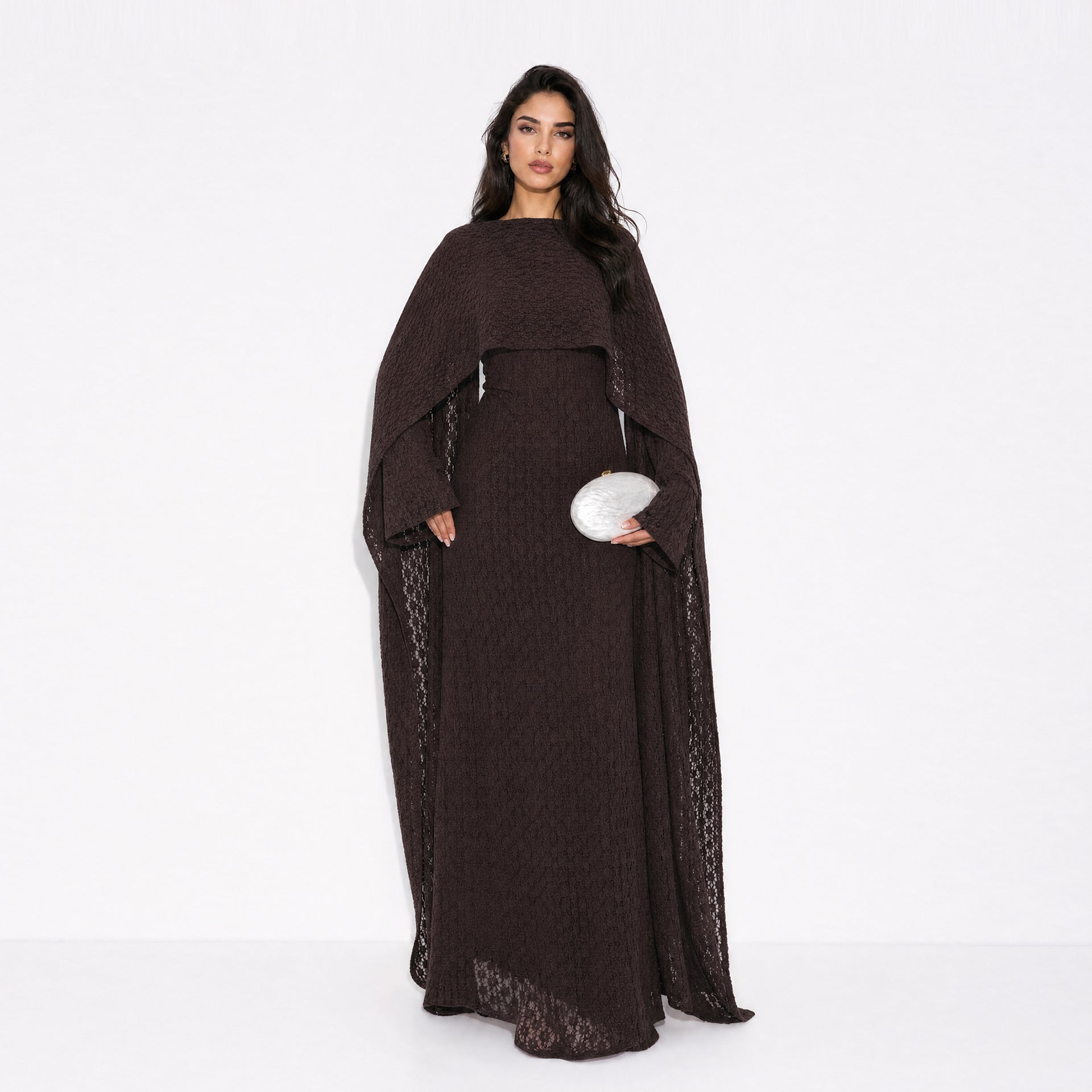 Textured Floral Lace Cape-Sleeve Lined Maxi Dress(MS519)