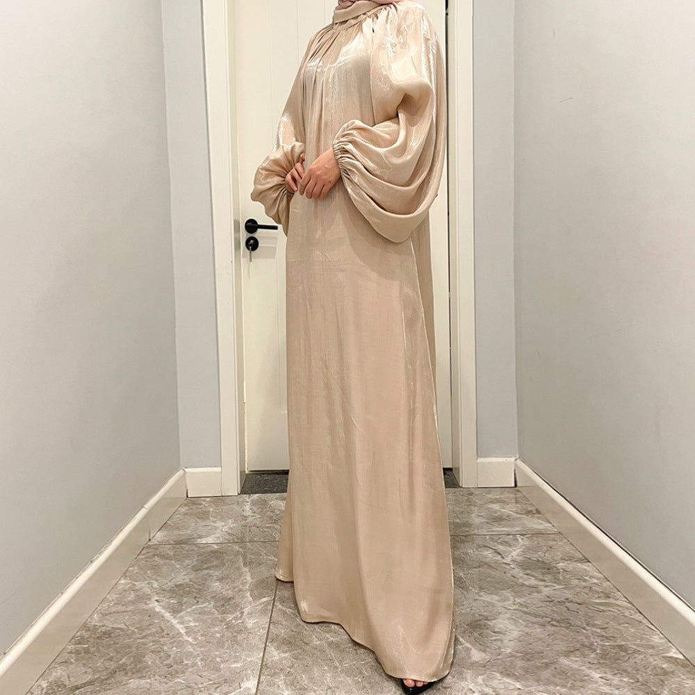 Luxurious Shimmer Abaya with Lantern Sleeves | Stand Collar Back Tie Maxi Dress(MA324)