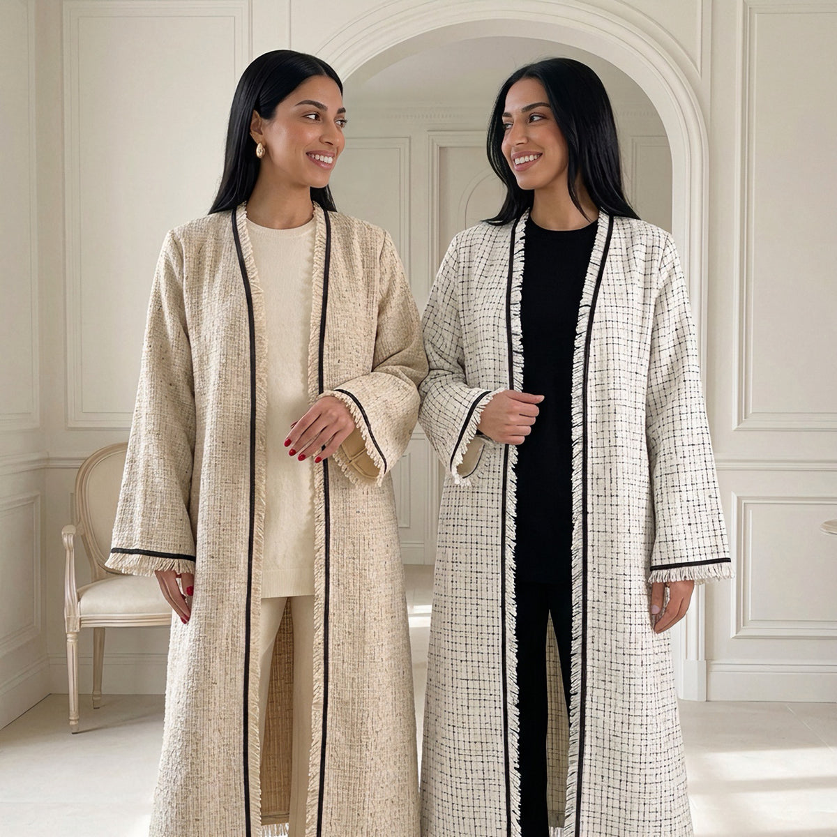 Textured Longline Open Abaya | Fringe-Trim Autumn Layer(MOA355)