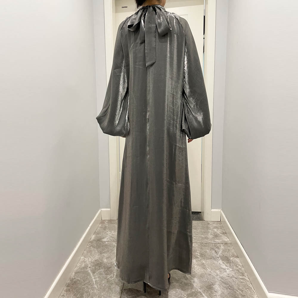 Luxurious Shimmer Abaya with Lantern Sleeves | Stand Collar Back Tie Maxi Dress(MA324)