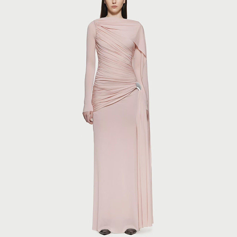 Diagonal Ruched Cape Gown | Asymmetric Draped Long Sleeve Maxi Dress(MS222)