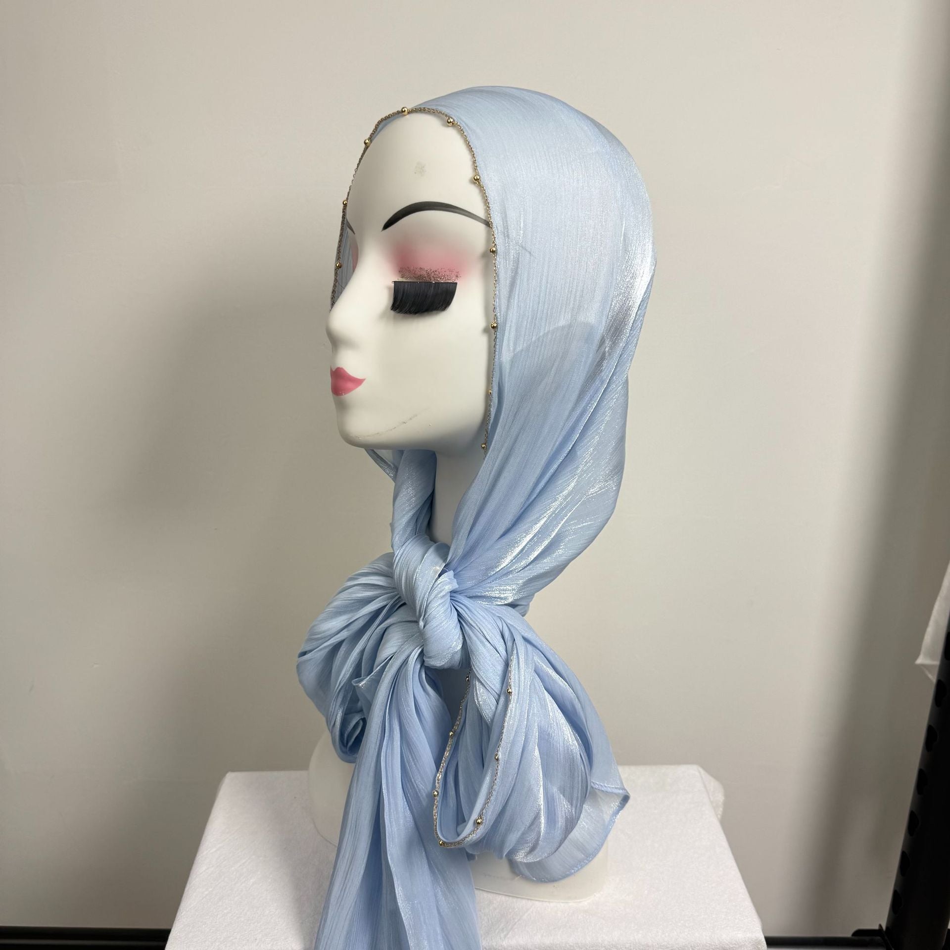 Gold Chain Beaded Edge Crinkle Satin Hijab(MH238)