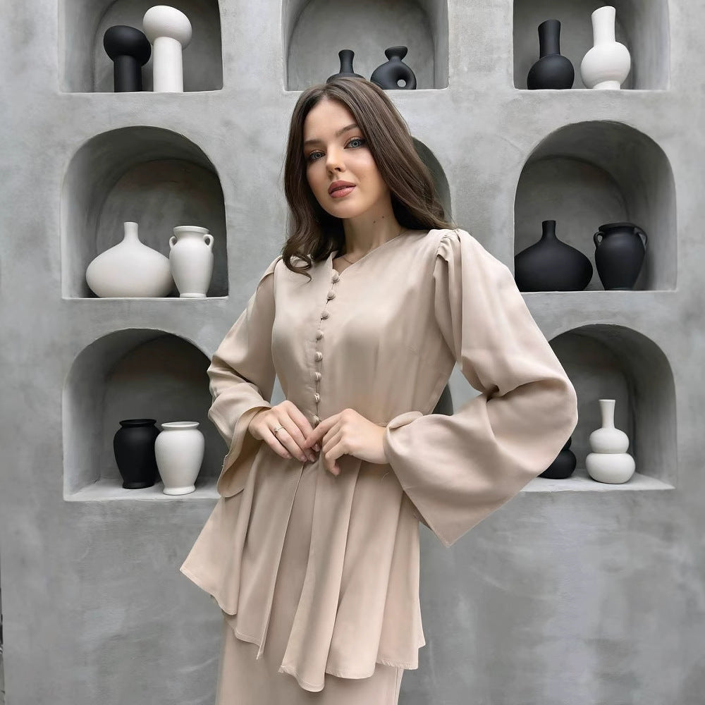 Satin Peplum Top & Skirt Set | Bell Sleeve Two-Piece Outfit(MS229)