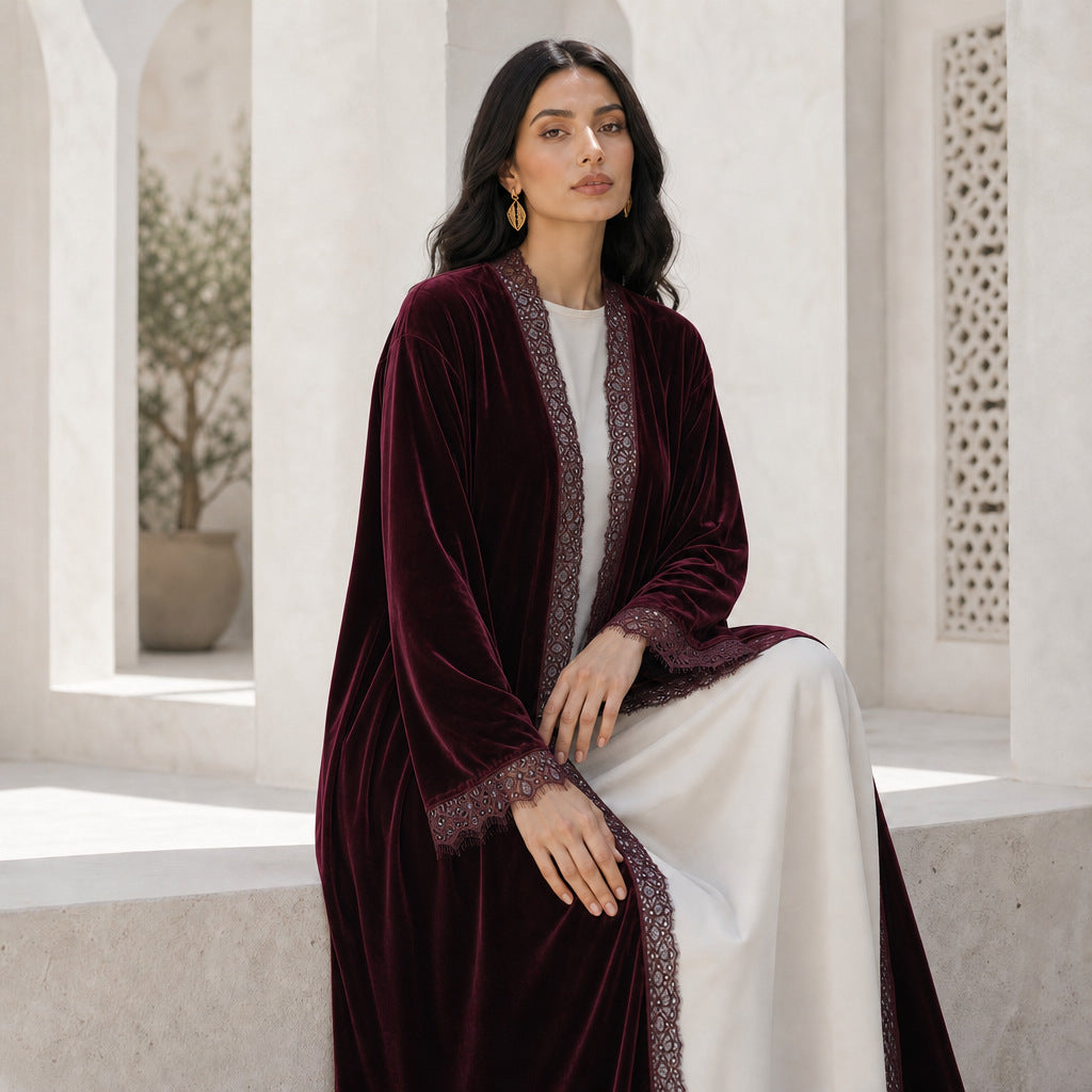 Velvet-Look Lace-Panel Longline Cardigan(MOA352)