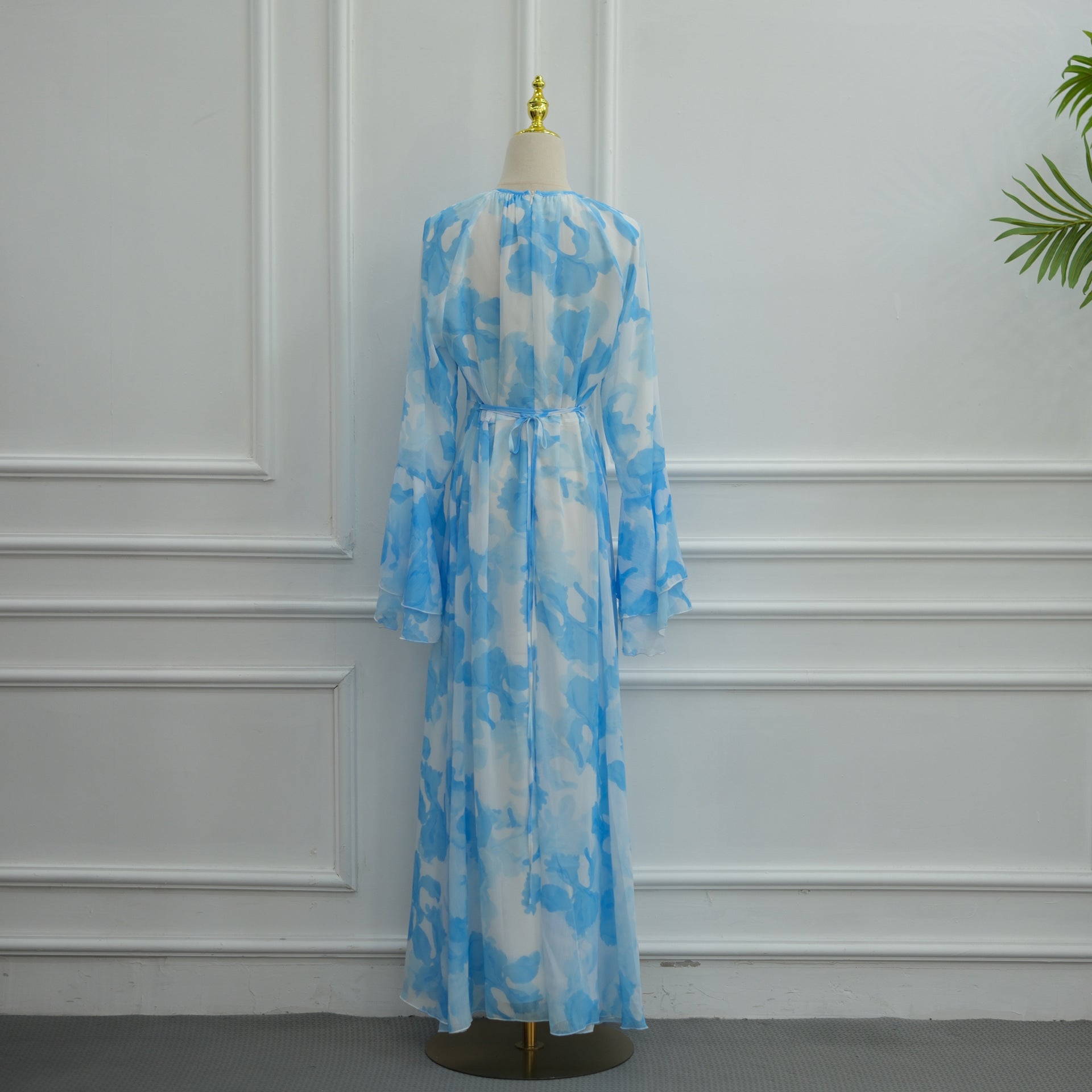Watercolour Print Double-Layer Flared-Sleeve Maxi Dress(MA479)