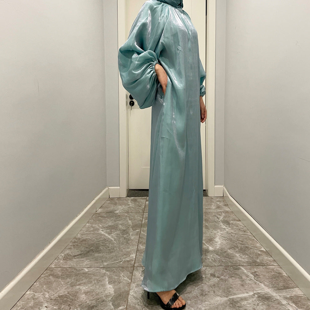Luxurious Shimmer Abaya with Lantern Sleeves | Stand Collar Back Tie Maxi Dress(MA324)