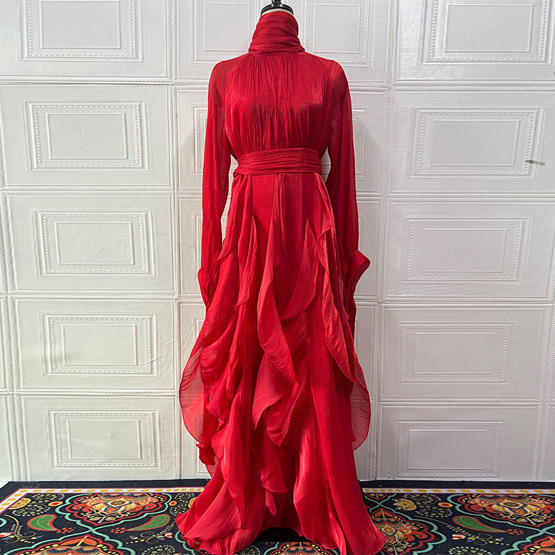 Cascading Ruffle Gown | High Neck Tie-Waist Maxi Dress(MS231)