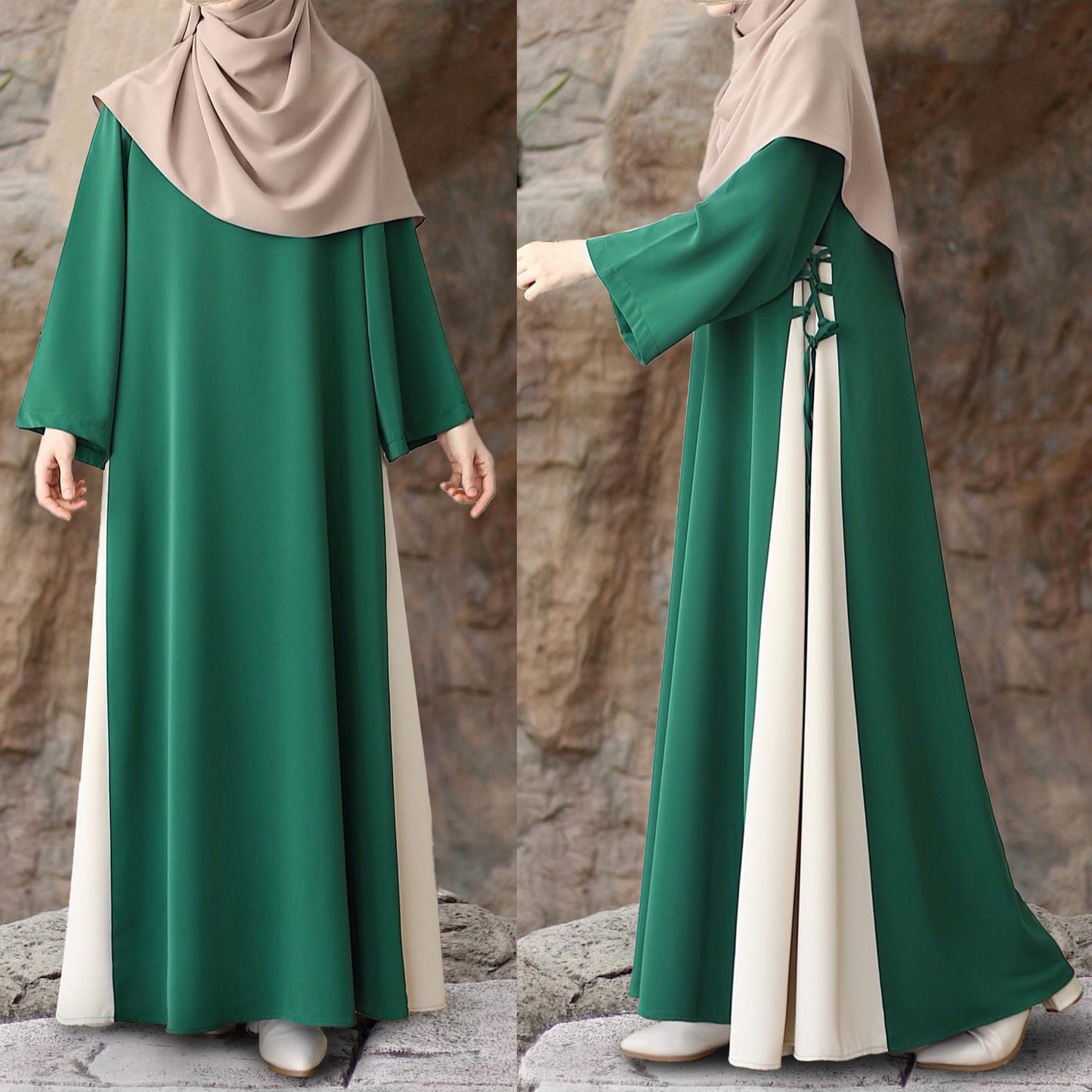 Colorblock Side-Tie Abaya | Two-Tone Round Neck Maxi Dress(MA362)