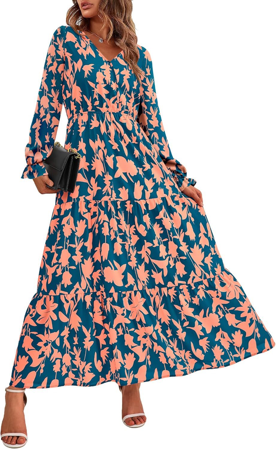 Floral Print V-Neck Midi Dress | Long Sleeve Elastic Waist Dress(MS271)