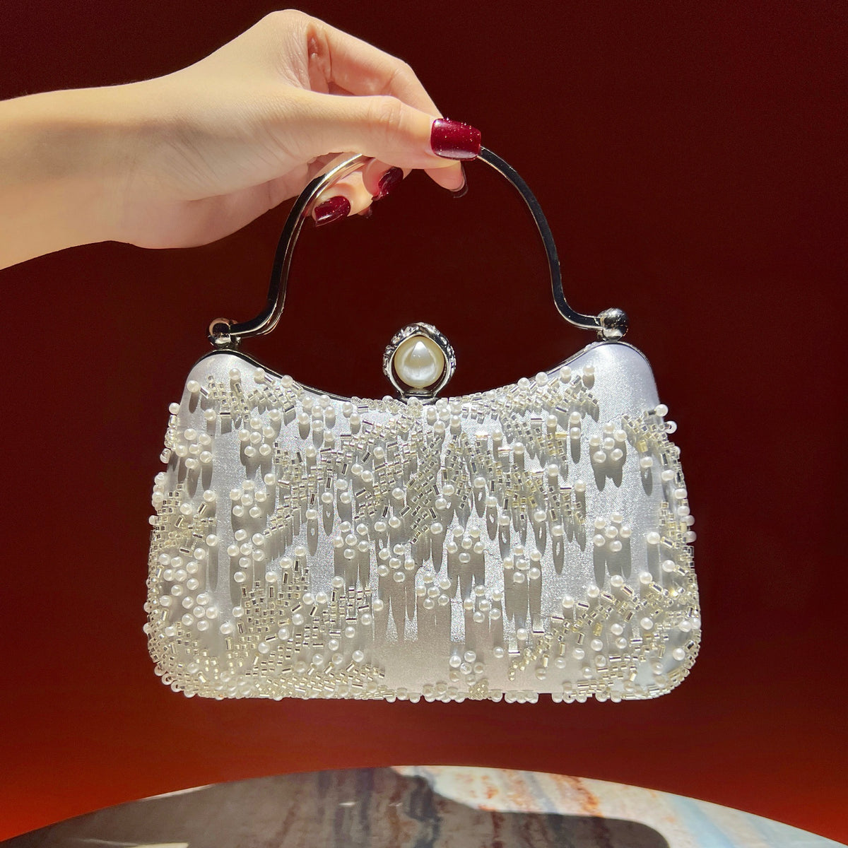 Vintage Embroidered Pearl Evening Clutch Bag - Sparkling Rhinestone Top-Handle Purse & Crossbody for Parties & Weddings（MAC494）