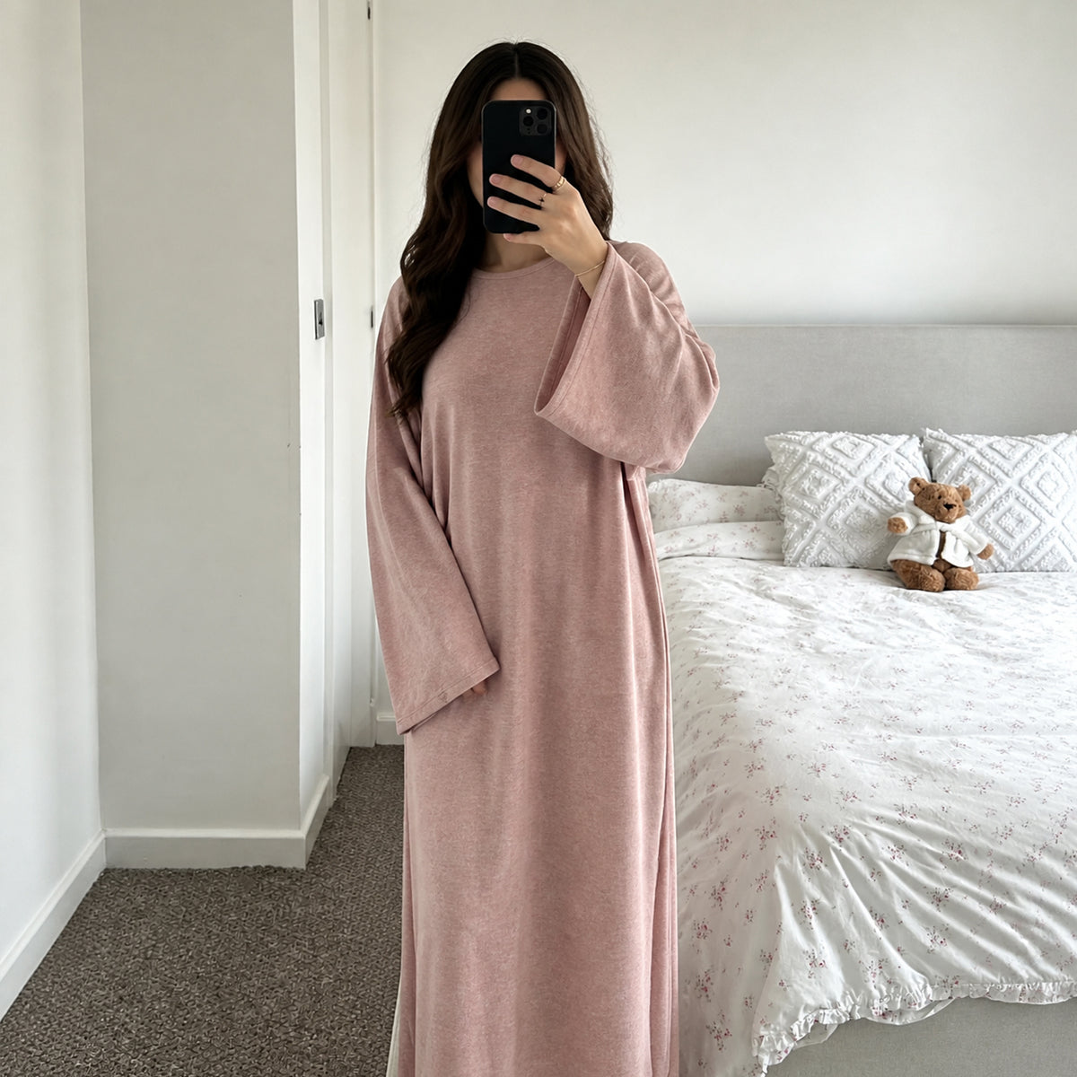 Plus-Size Relaxed Abaya | Solid Long-Sleeve Autumn Dress with Pockets(MA474)