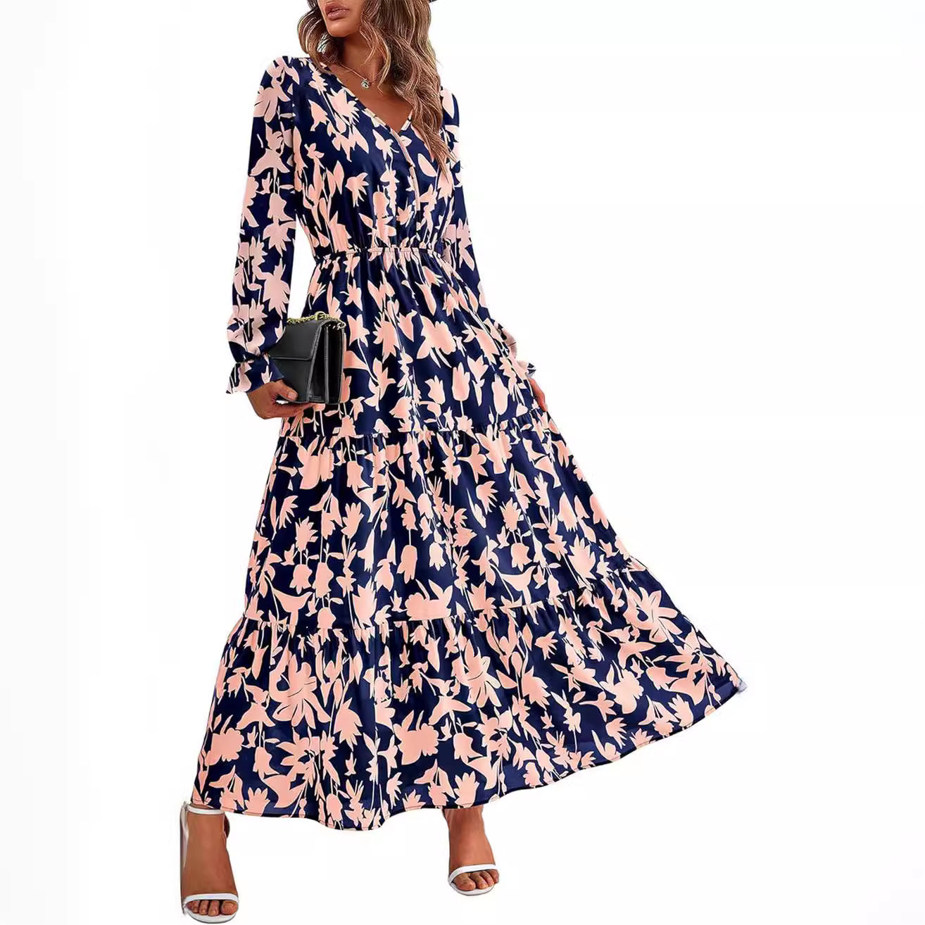 Floral Print V-Neck Midi Dress | Long Sleeve Elastic Waist Dress(MS271)