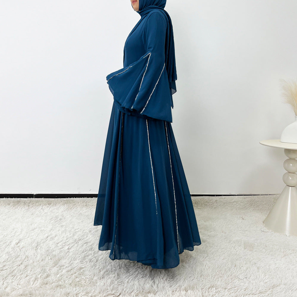 Elegant Chiffon Abaya Set with Hijab | Round Neck Bell Sleeve Maxi Dress with Rhinestone Trim(MA325)