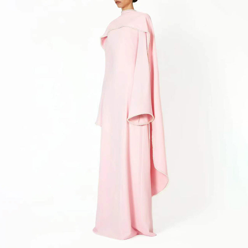 Elegant Pearl Embellished Cape Sleeve Evening Dress(MA400)