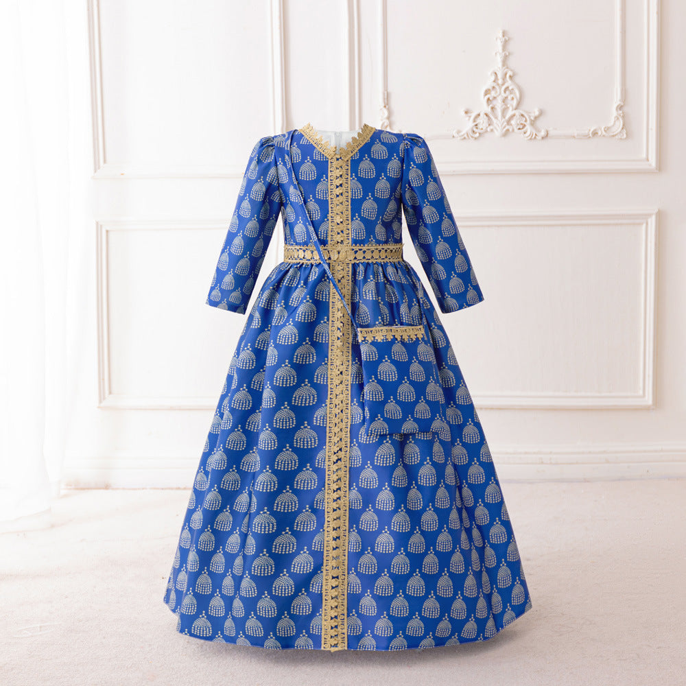 Girls Royal Blue Printed Kaftan Dress(MKG023)