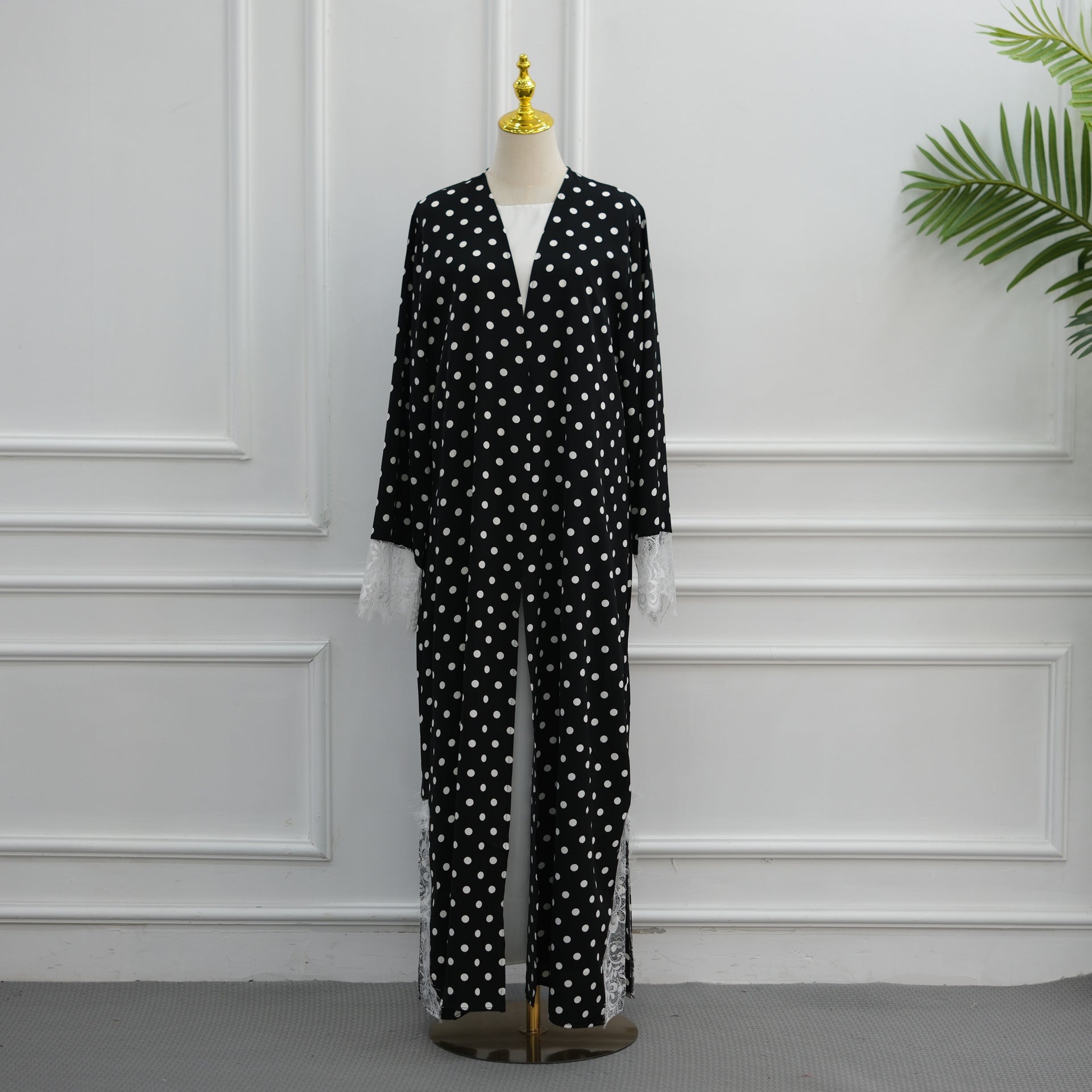 Polka Dot Lace-Trim Open Abaya & Matching Hijab Set(MOA343)