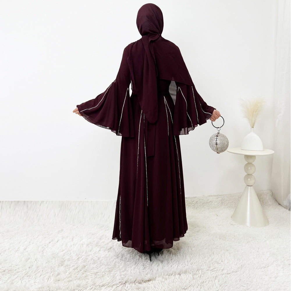 Elegant Chiffon Abaya Set with Hijab | Round Neck Bell Sleeve Maxi Dress with Rhinestone Trim(MA325)