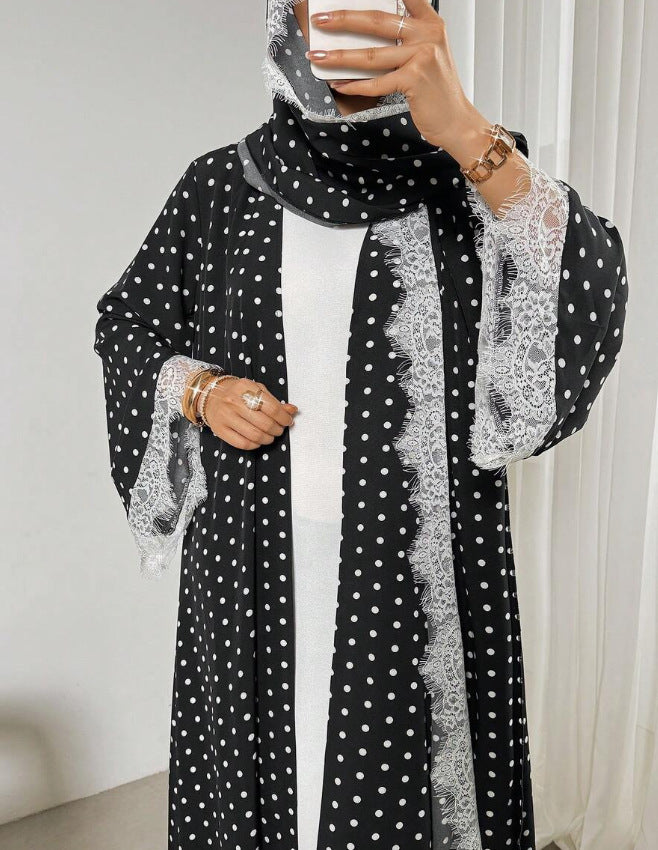 Polka Dot Lace-Trim Open Abaya & Matching Hijab Set(MOA343)