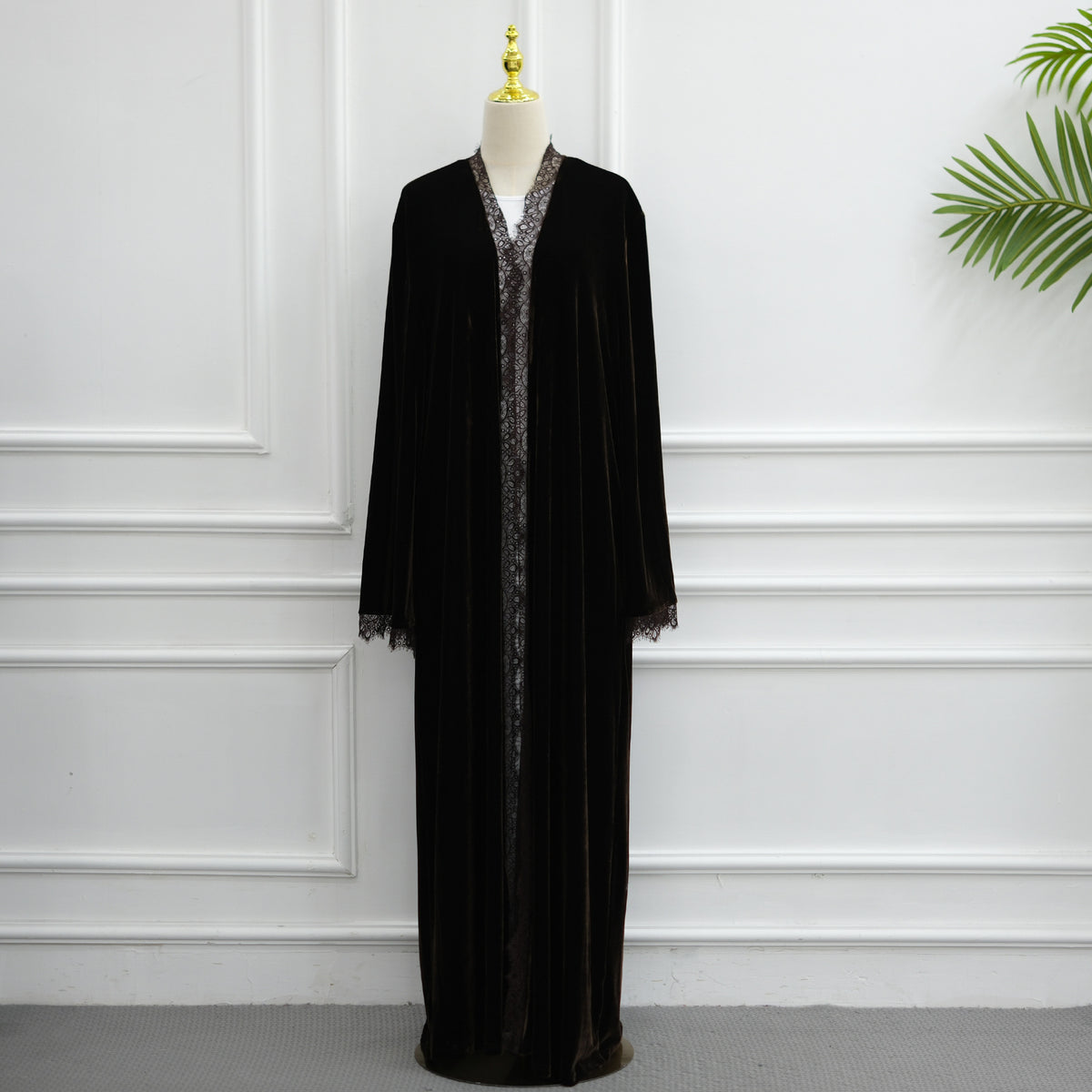 Velvet-Look Lace-Panel Longline Cardigan(MOA352)