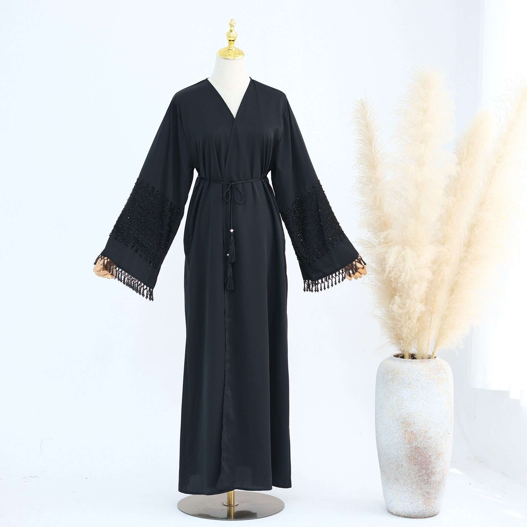 Beaded Embroidery Flared-Sleeve Open Abaya(MOA334)