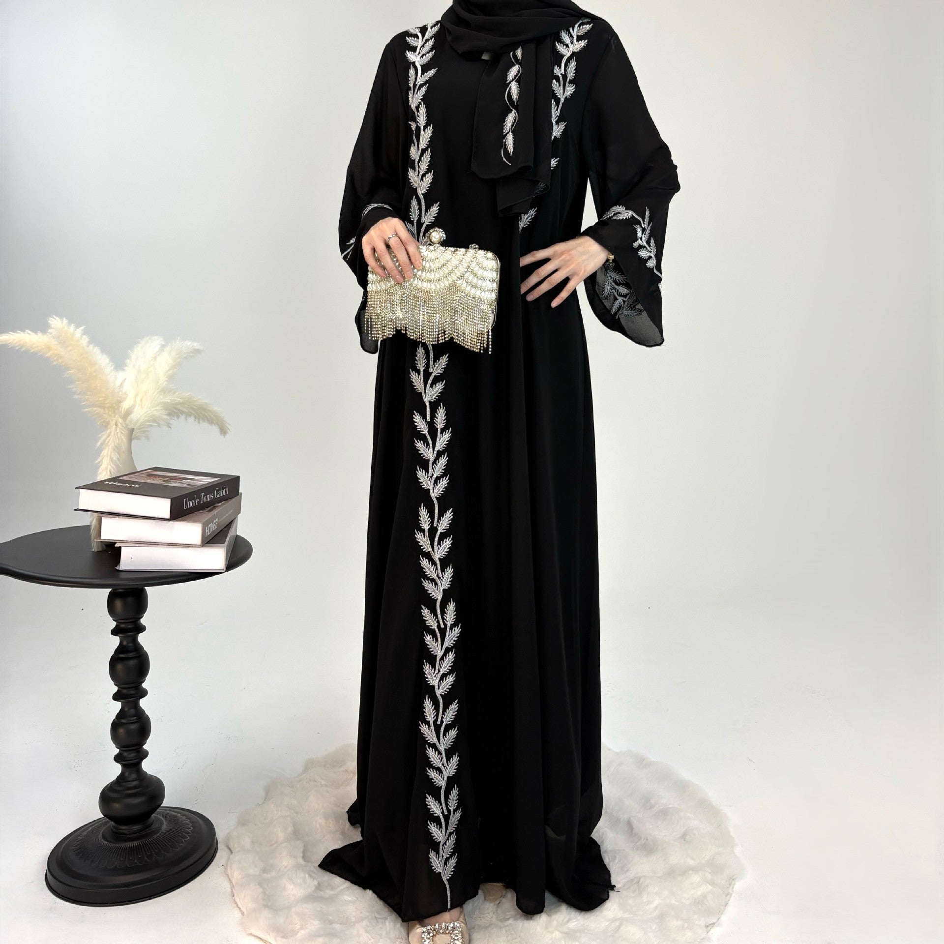 Embroidered Chiffon Bell Sleeve Pullover Maxi Dress Abaya with Matching Hijab 2-Piece Set(MA301)