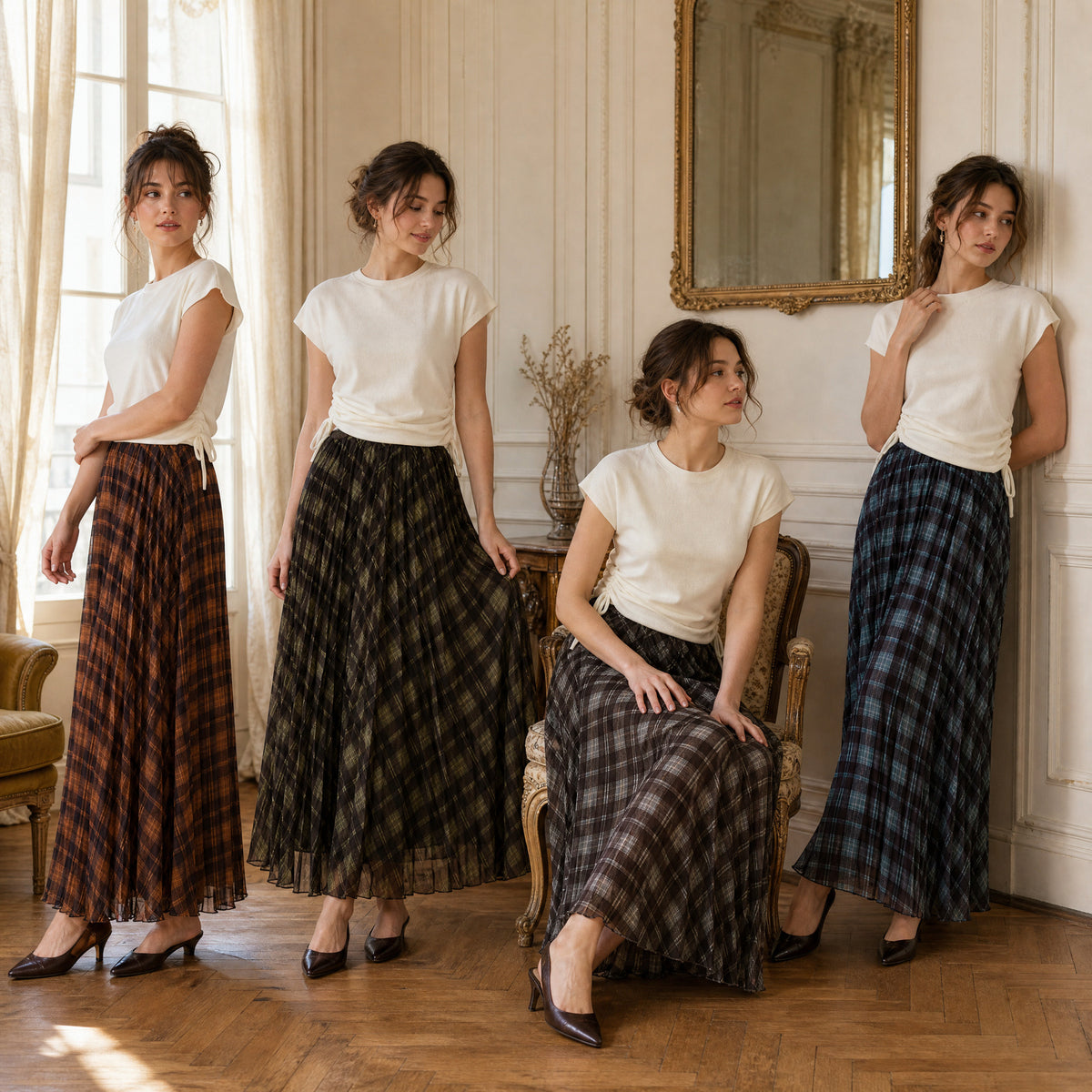 Vintage Plaid Mesh Pleated Maxi Skirt(MS597)