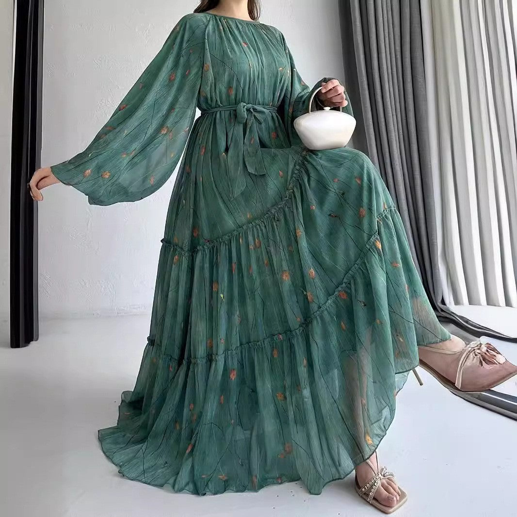 Long Sleeve Belted Chiffon Dress | Elegant Boho Peasant Gown(MA380)