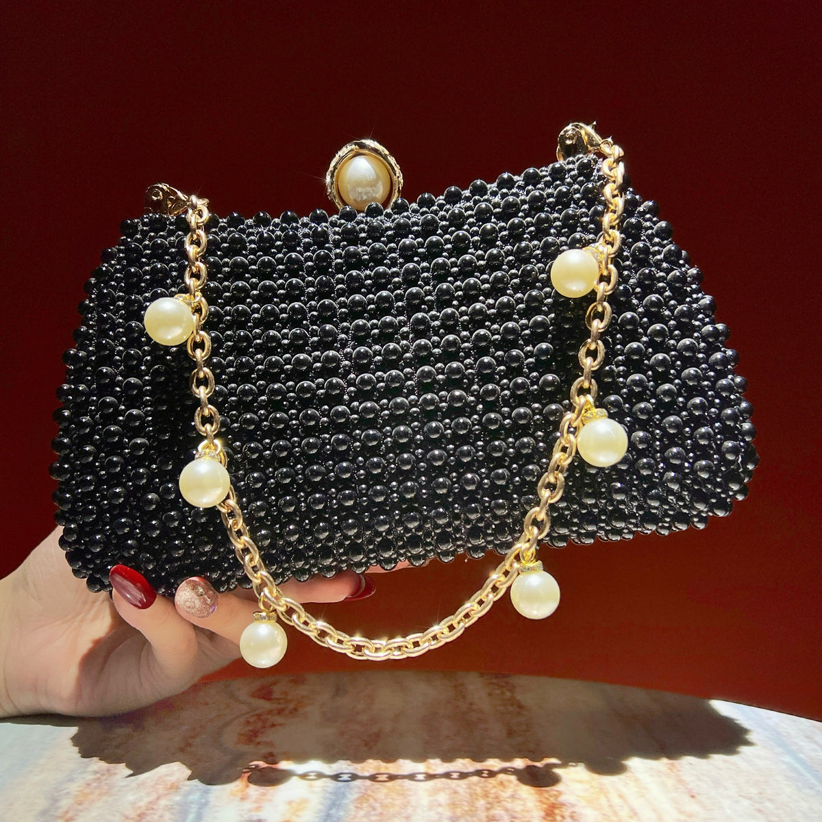 Chic Faux Pearl Evening Clutch Bag - Pearl Chain Strap Top-Handle Purse & Shoulder Crossbody for Parties & Weddings（MAC493）
