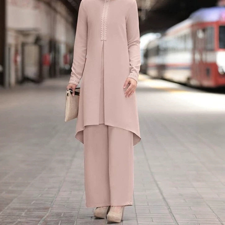 Lace-Trim Long Tunic & Wide-Leg Pants Set(MS540)