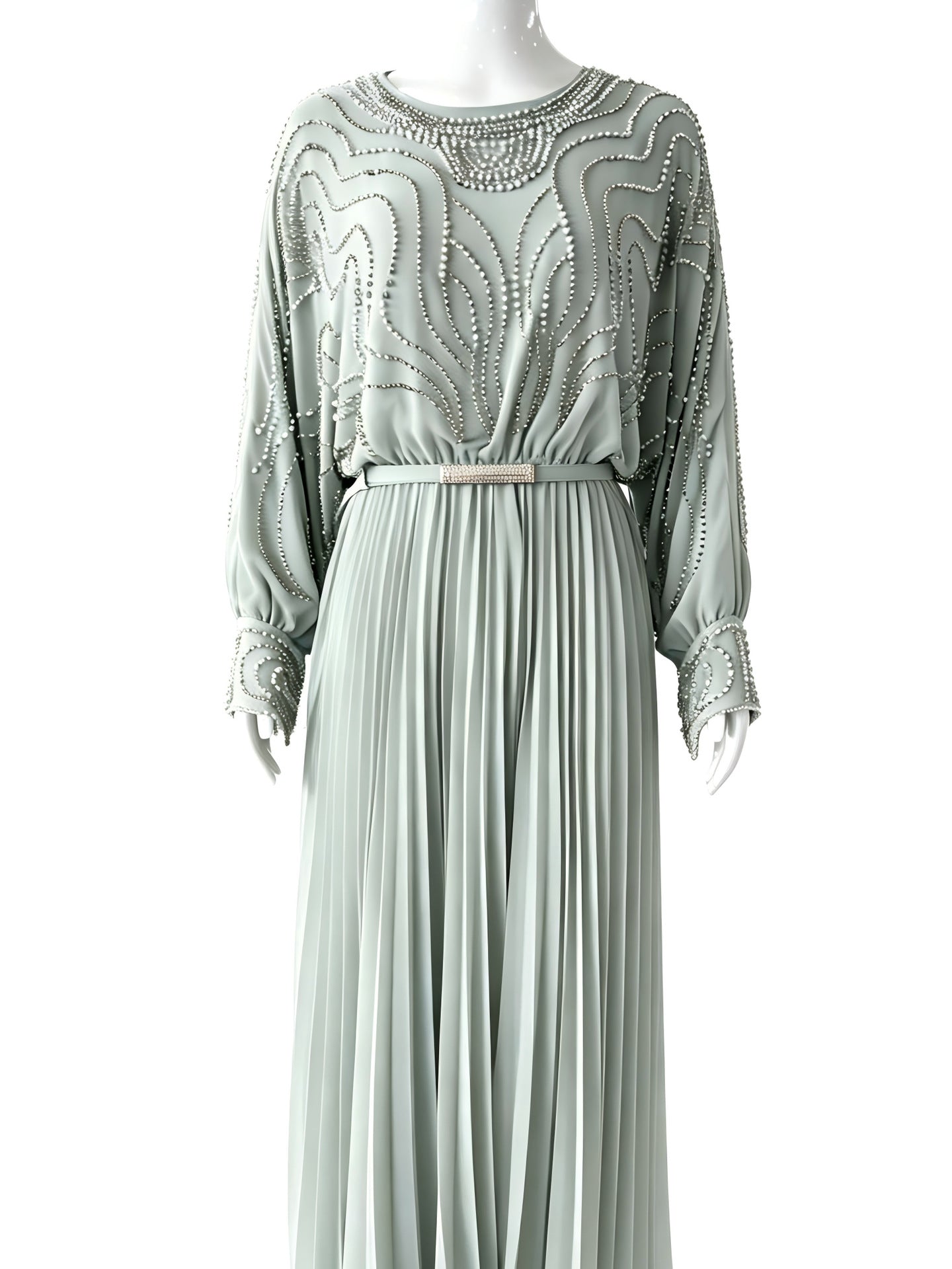 Handbeaded Pearl & Crystal Batwing Maxi Dress(MS529)