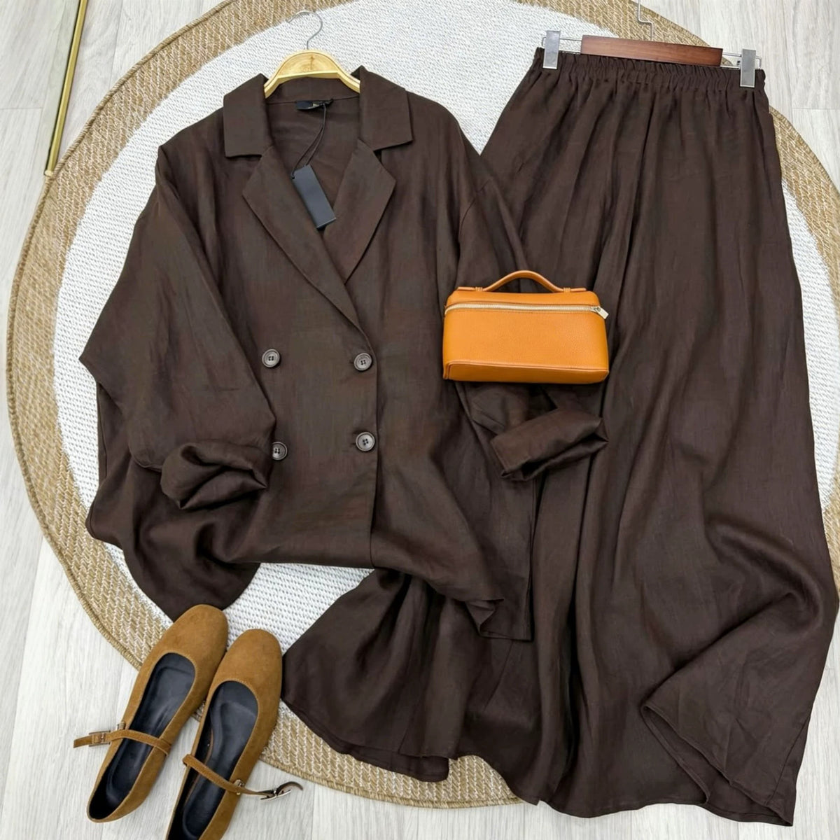 Linen-Look Shirt & Maxi Skirt Set(MS558)