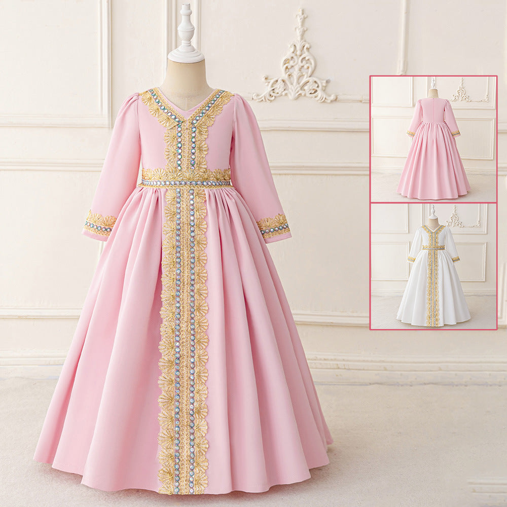 Girls Embroidered Kaftan Dress with Jeweled Belt(MKG021)
