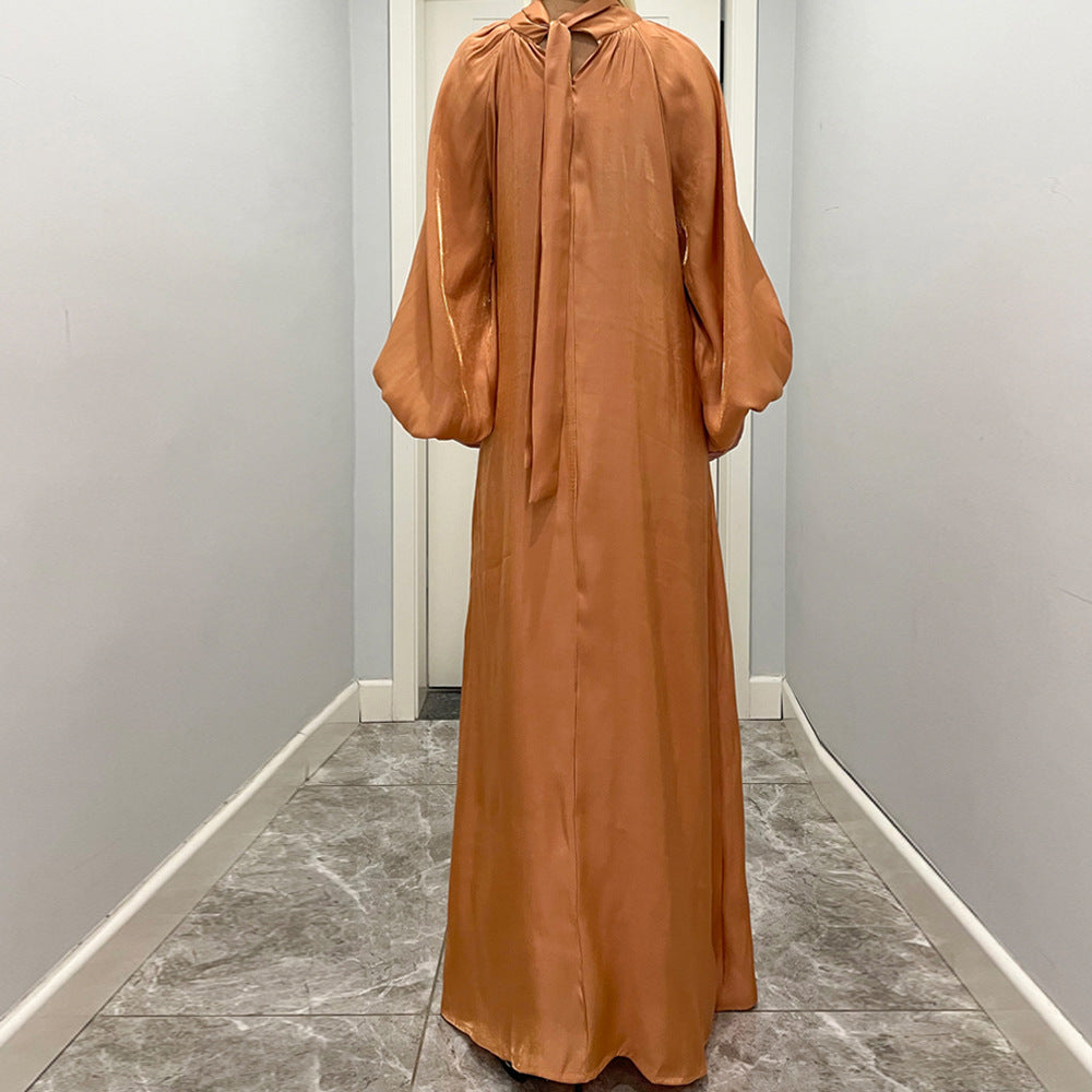 Luxurious Shimmer Abaya with Lantern Sleeves | Stand Collar Back Tie Maxi Dress(MA324)