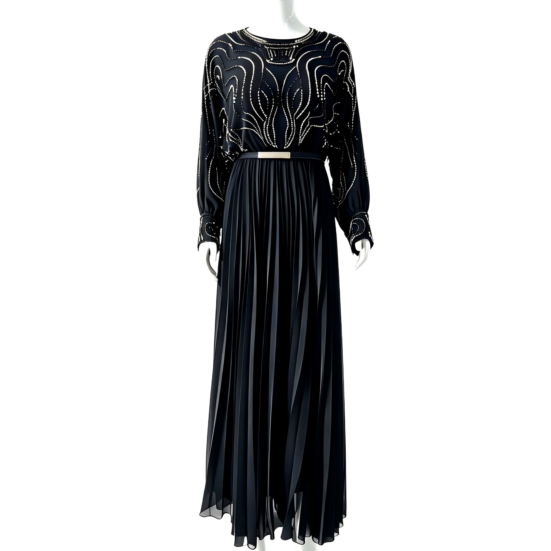 Handbeaded Pearl & Crystal Batwing Maxi Dress(MS529)