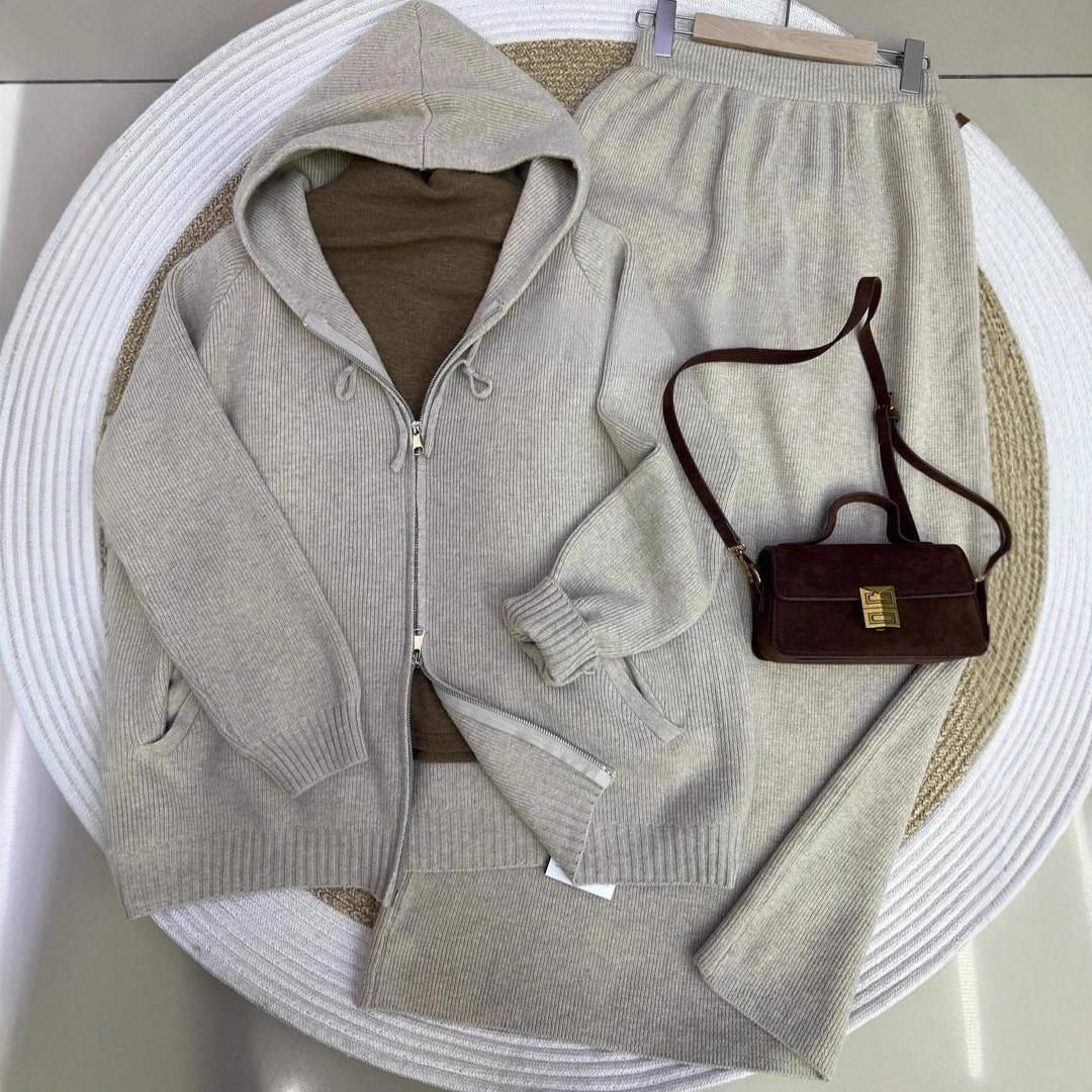 Hooded Knit Cardigan & Straight Maxi Skirt Set(MS544)