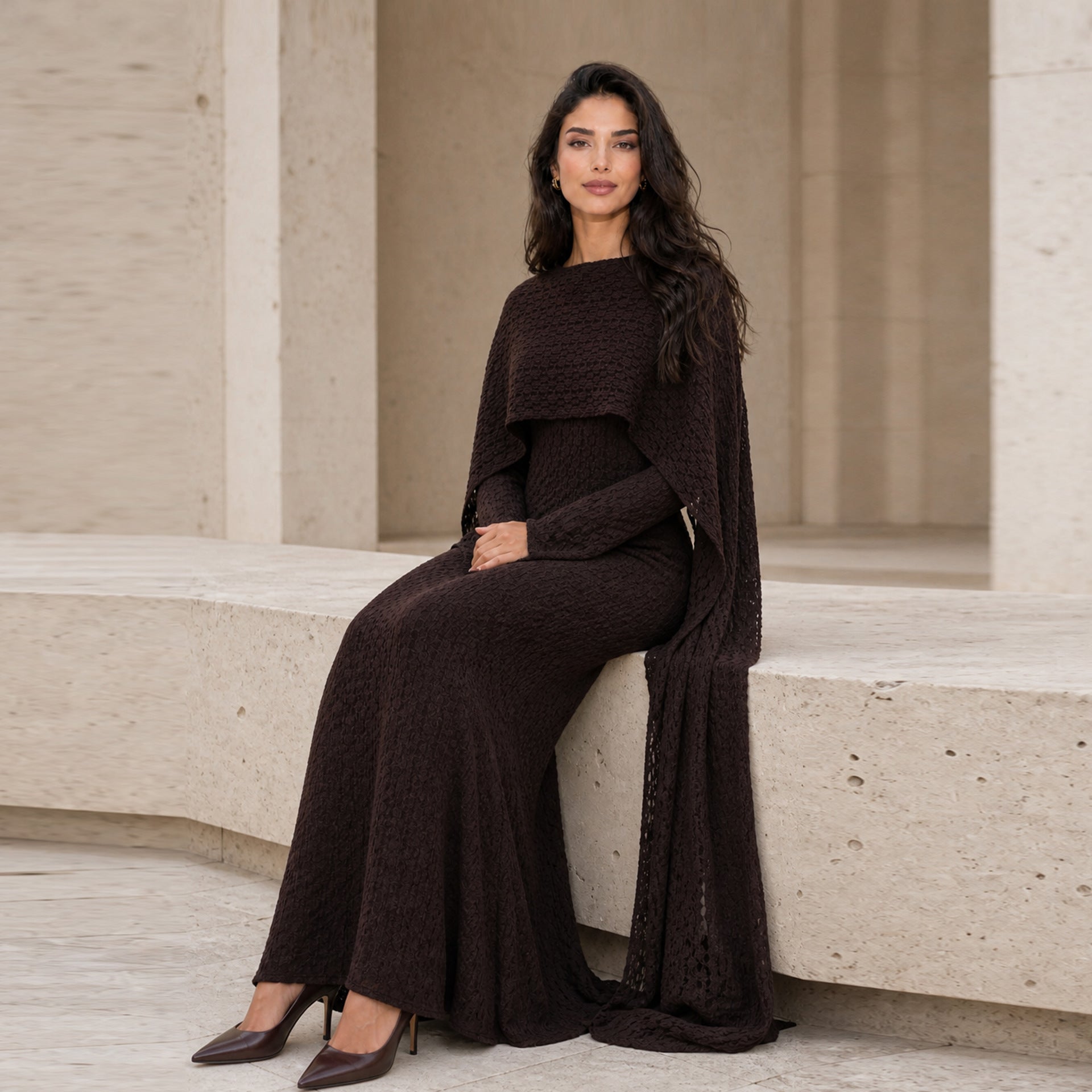 Textured Floral Lace Cape-Sleeve Lined Maxi Dress(MS519)